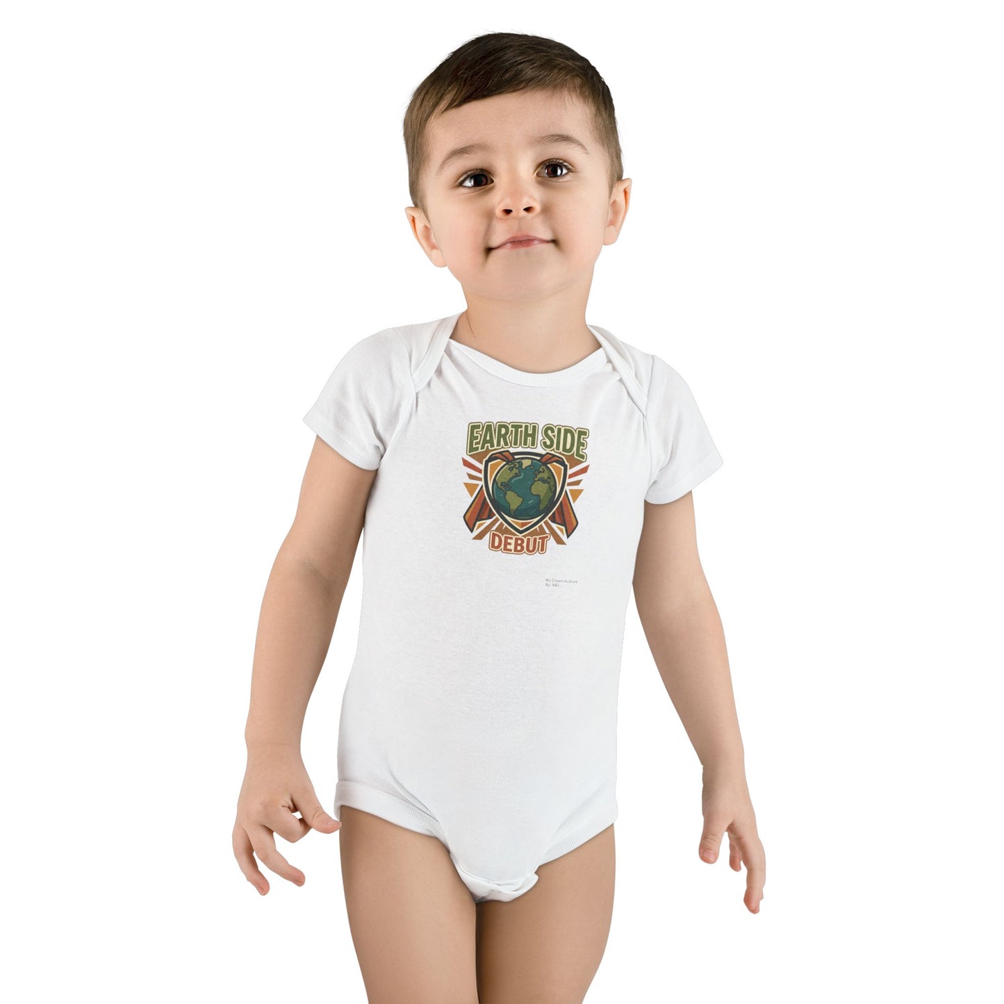 Organic Baby Onesie – "Earth Side Debut" Retro Earth Graphic